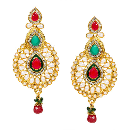 bindhani gold plated red pearl drop green beads red green white stone earrings for women and girls