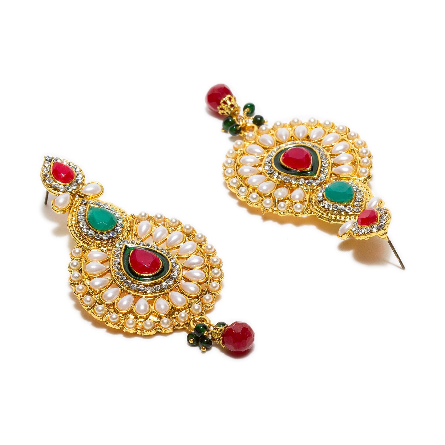 bindhani gold plated red pearl drop green beads red green white stone earrings for women and girls