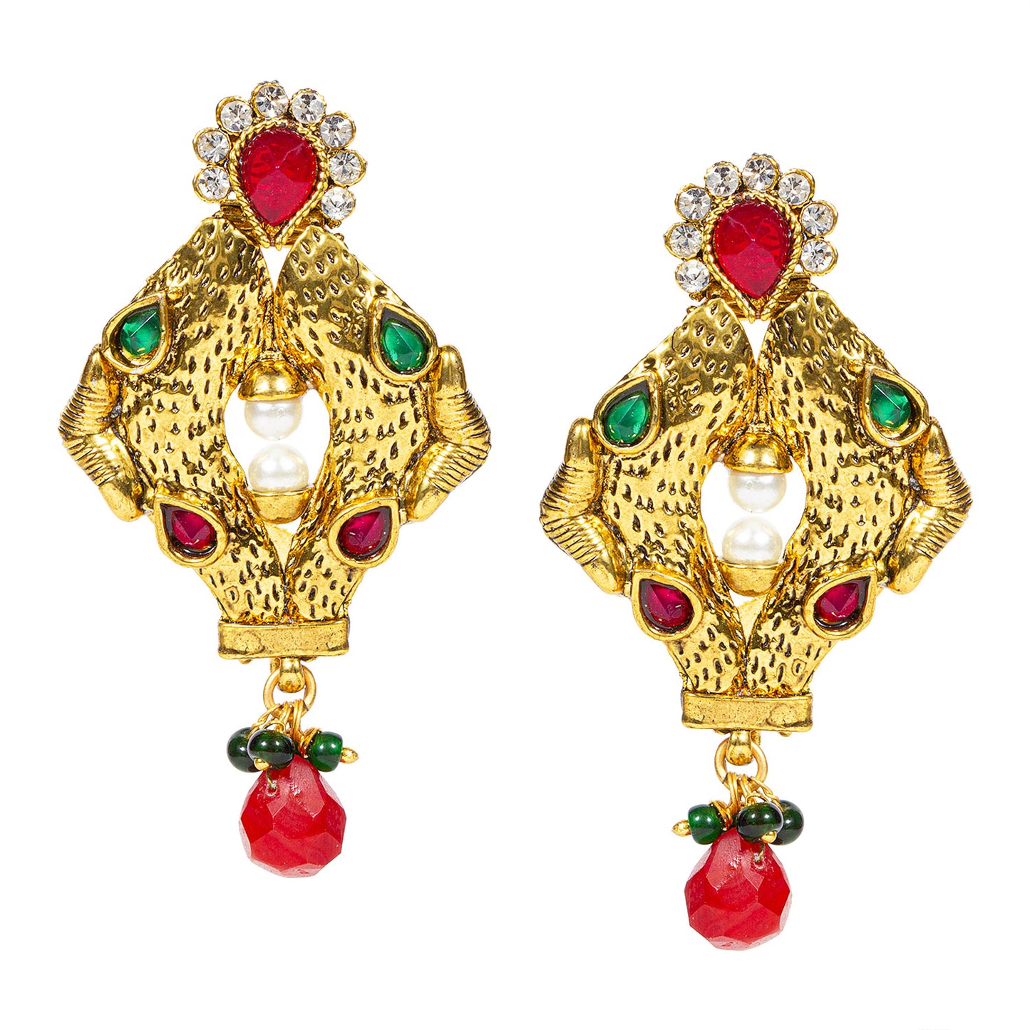 bindhani gold plated red pearl drop maroon green white stone dangle earrings for women and girls