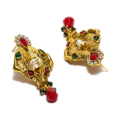 bindhani gold plated red pearl drop maroon green white stone dangle earrings for women and girls