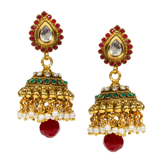 bindhani gold plated red pearl drop white beads red green white kundan stone jhumki earrings for women and girls