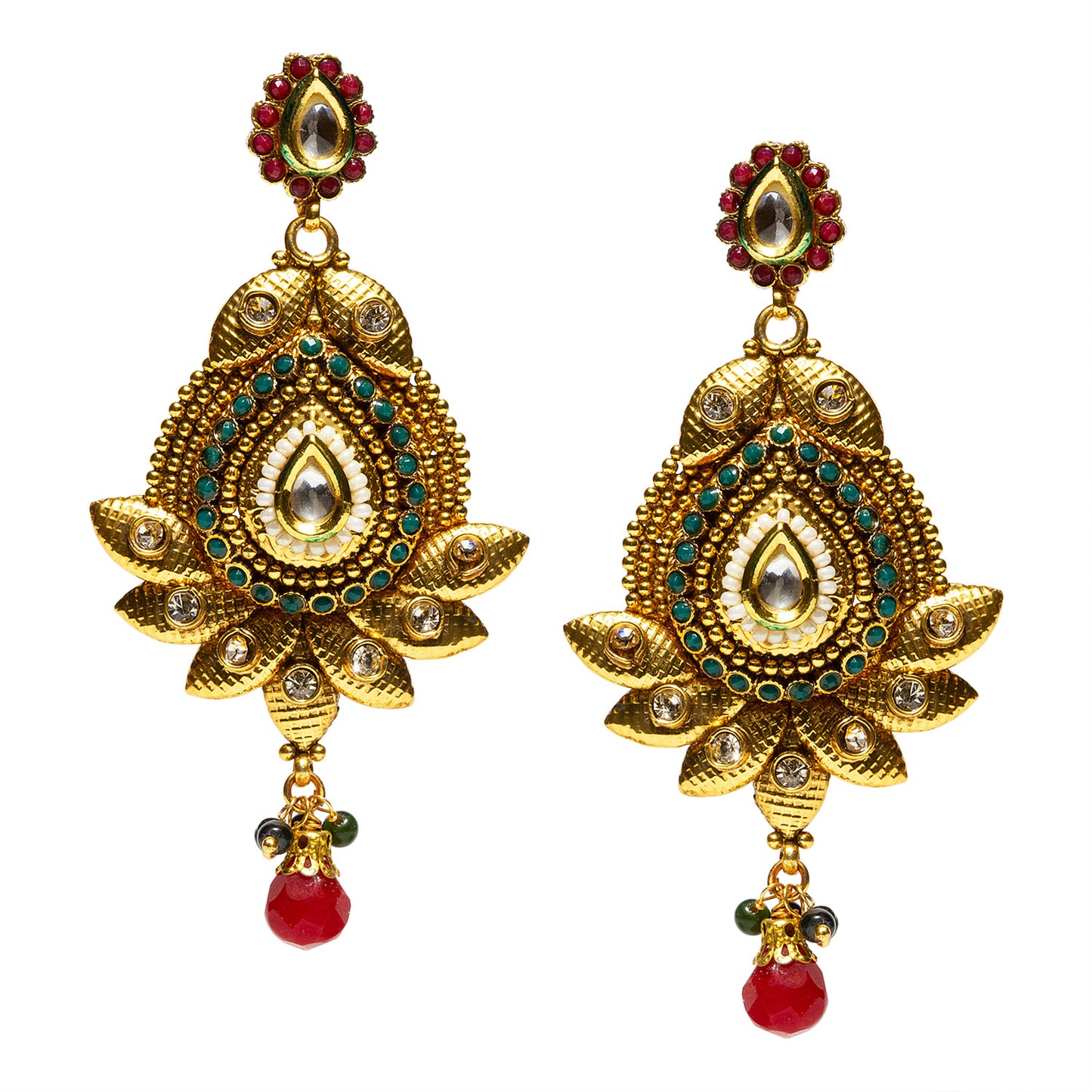 bindhani gold plated red pearl drop white green stone kundan long earrings for women and girls