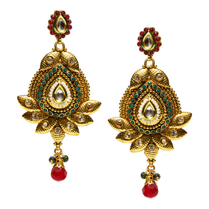 bindhani gold plated red pearl drop white green stone kundan long earrings for women and girls