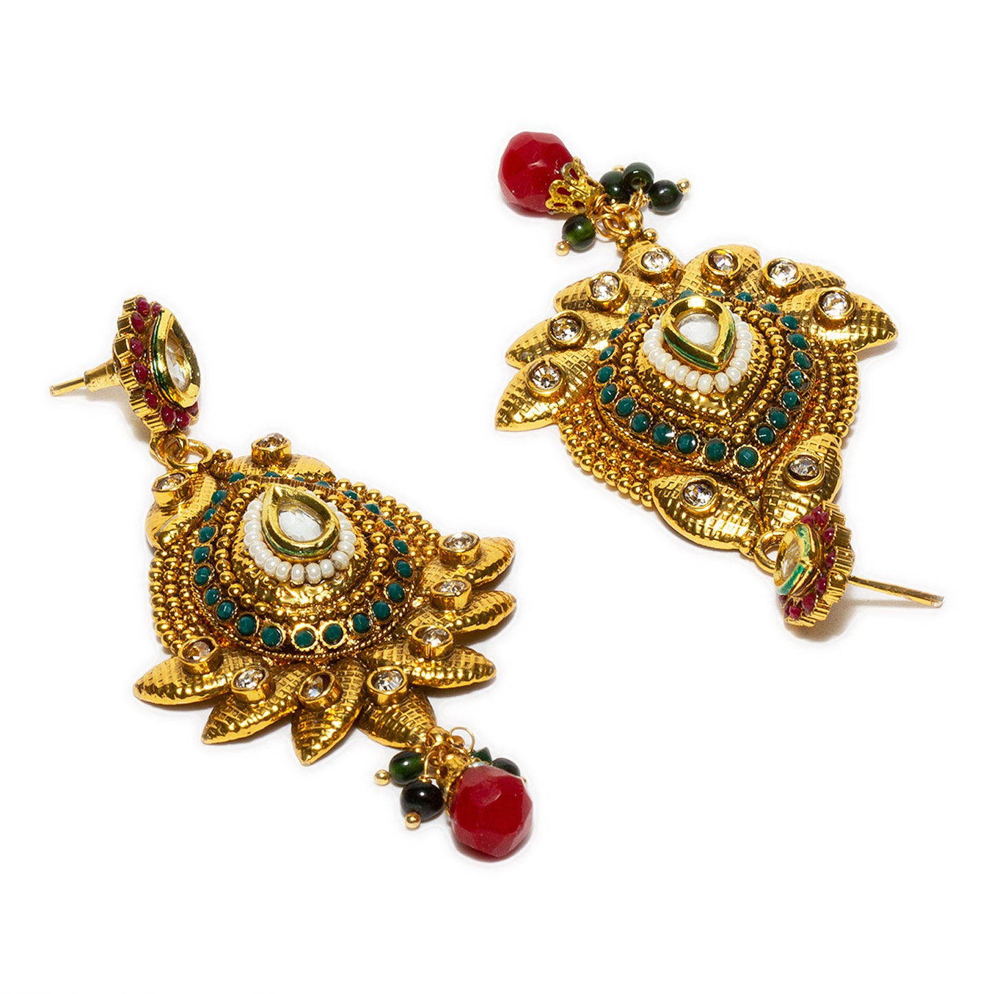 bindhani gold plated red pearl drop white green stone kundan long earrings for women and girls