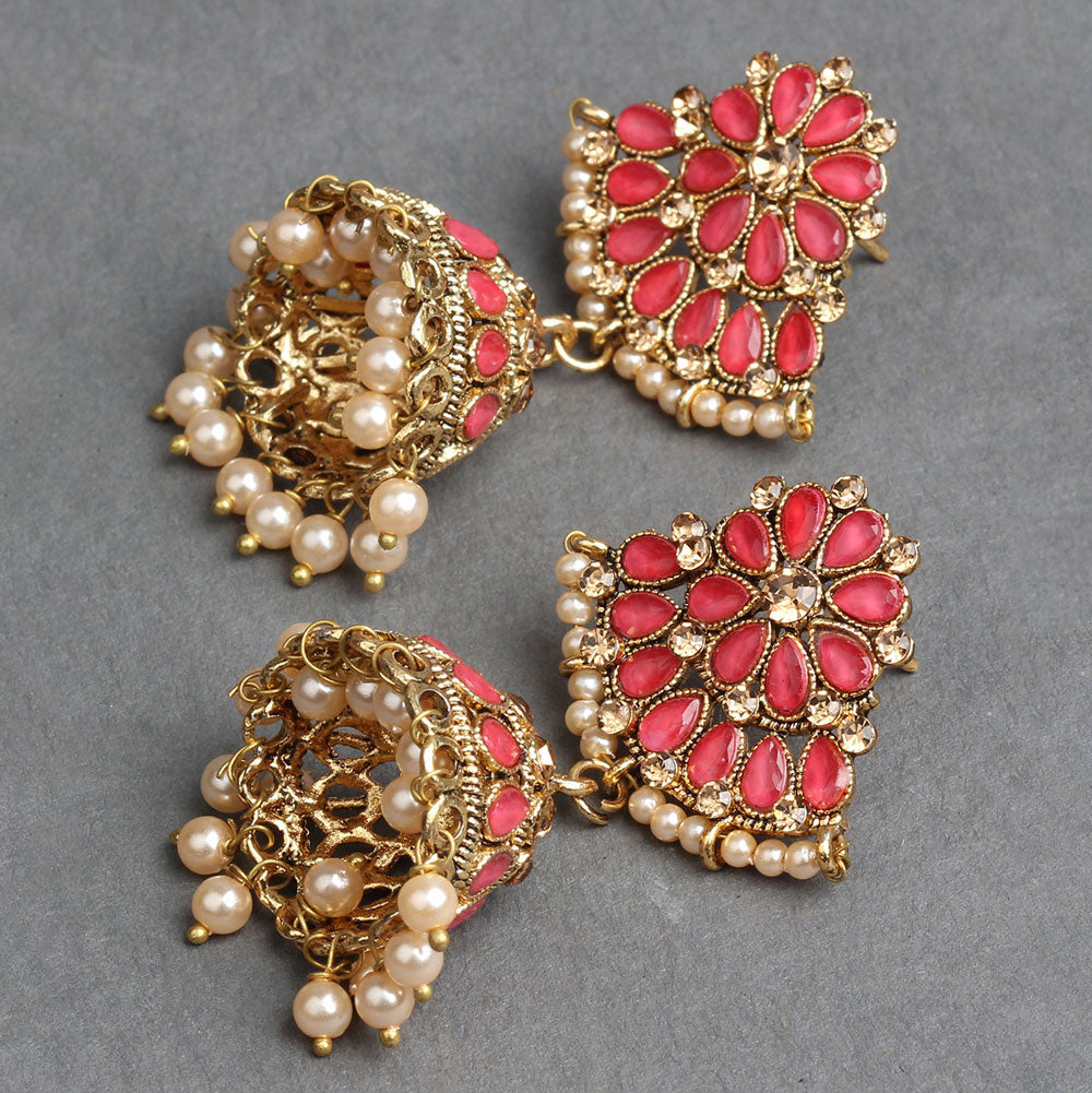 bindhani gold plated red stone pearl drop jhumka earrings for women girls