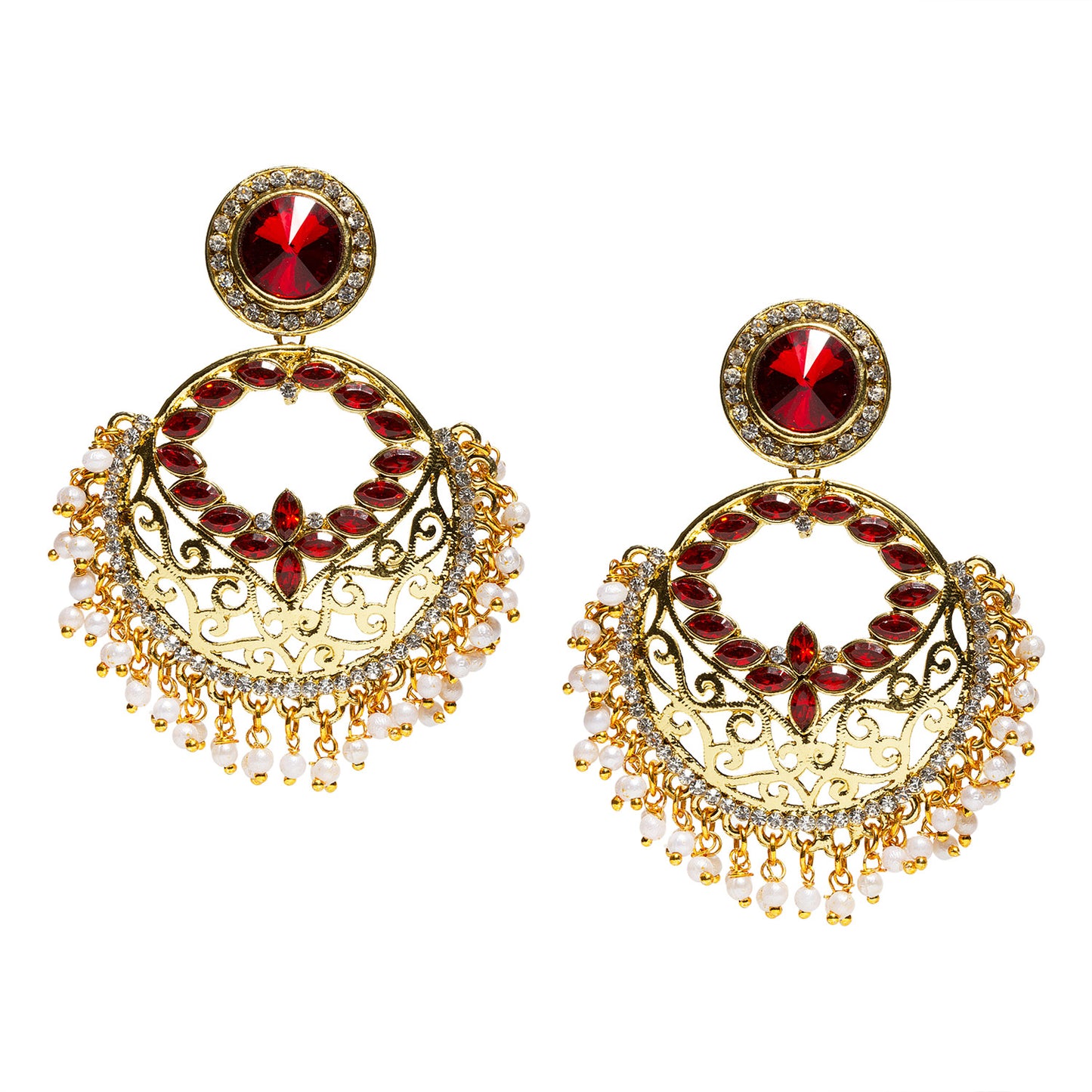 bindhani gold plated red white and beads stone dangle earrings for women and girls