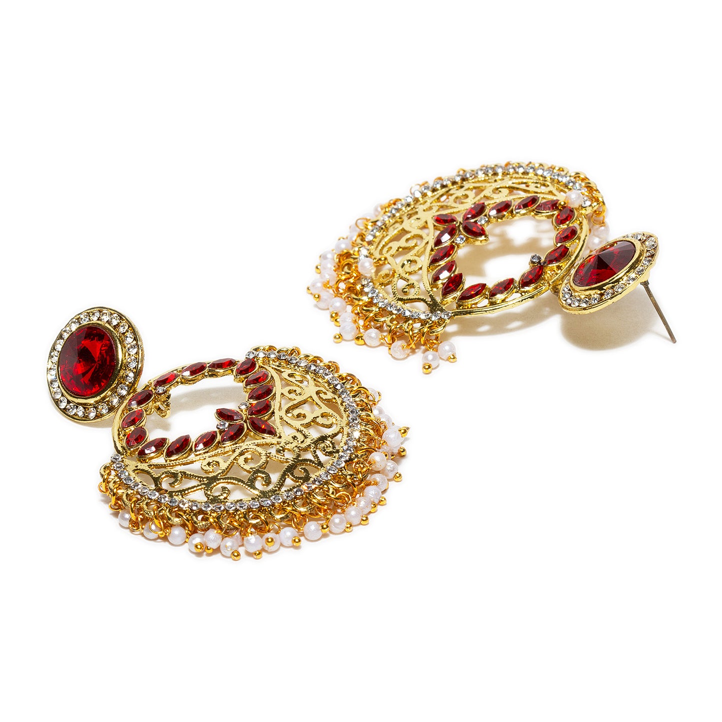 bindhani gold plated red white and beads stone dangle earrings for women and girls