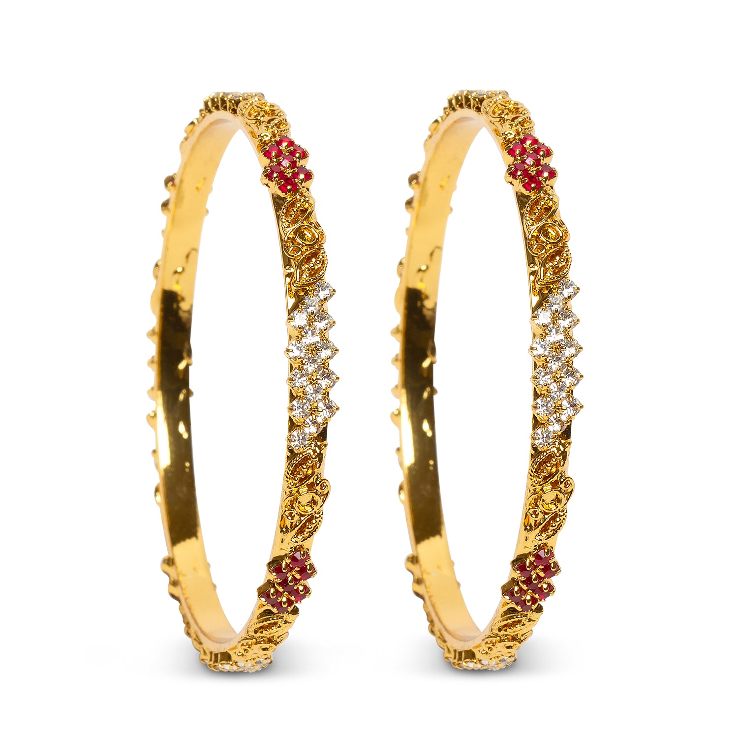 bindhani gold plated red white stone bangle set for women