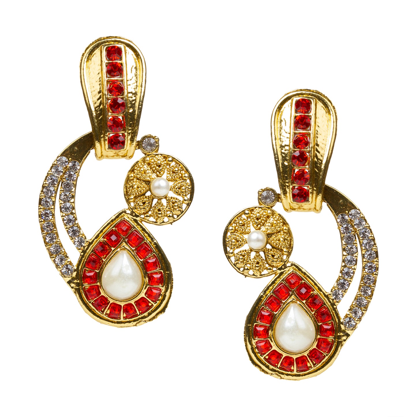 bindhani gold plated red white stone earrings for women