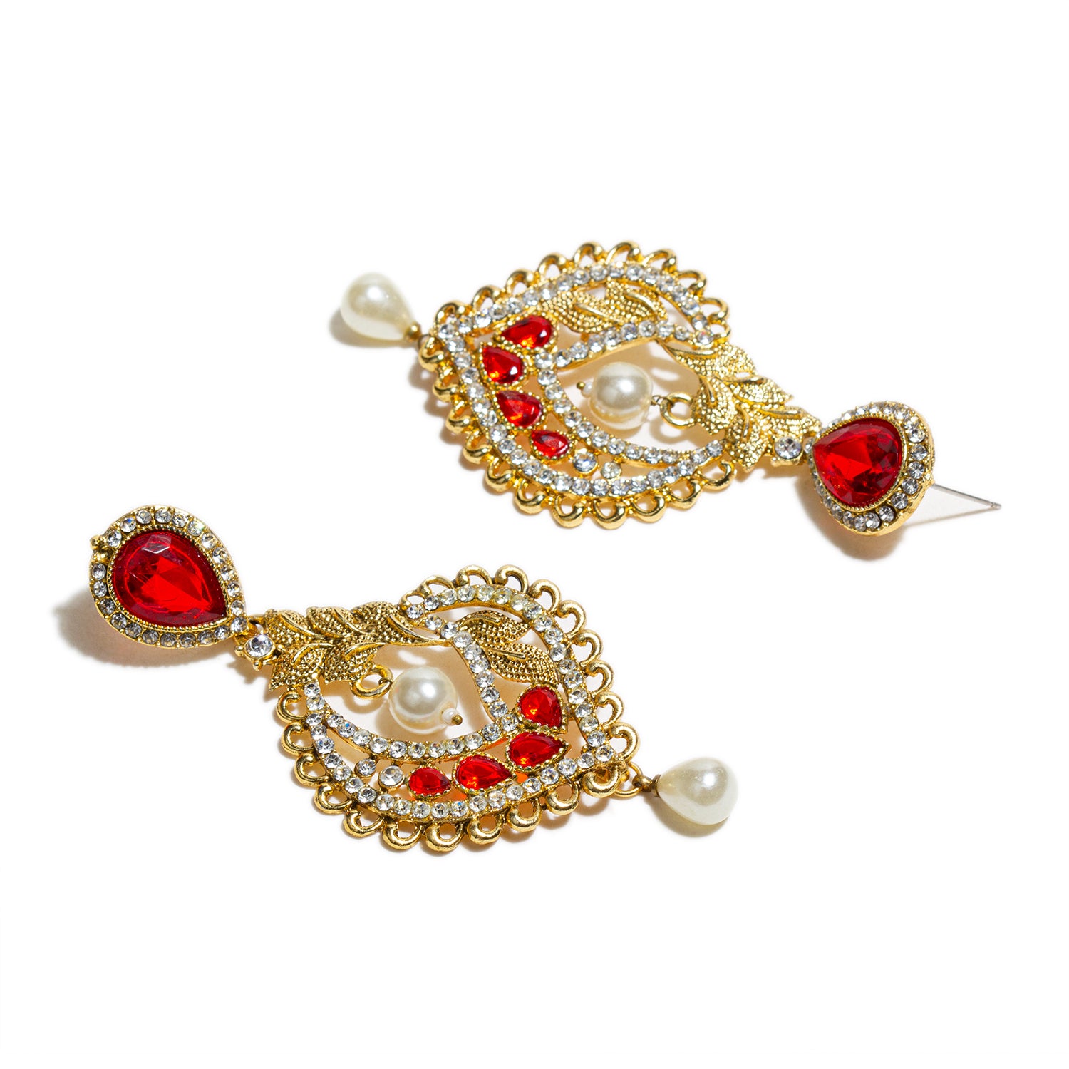 bindhani gold plated red white stone pearl drop earrings for women