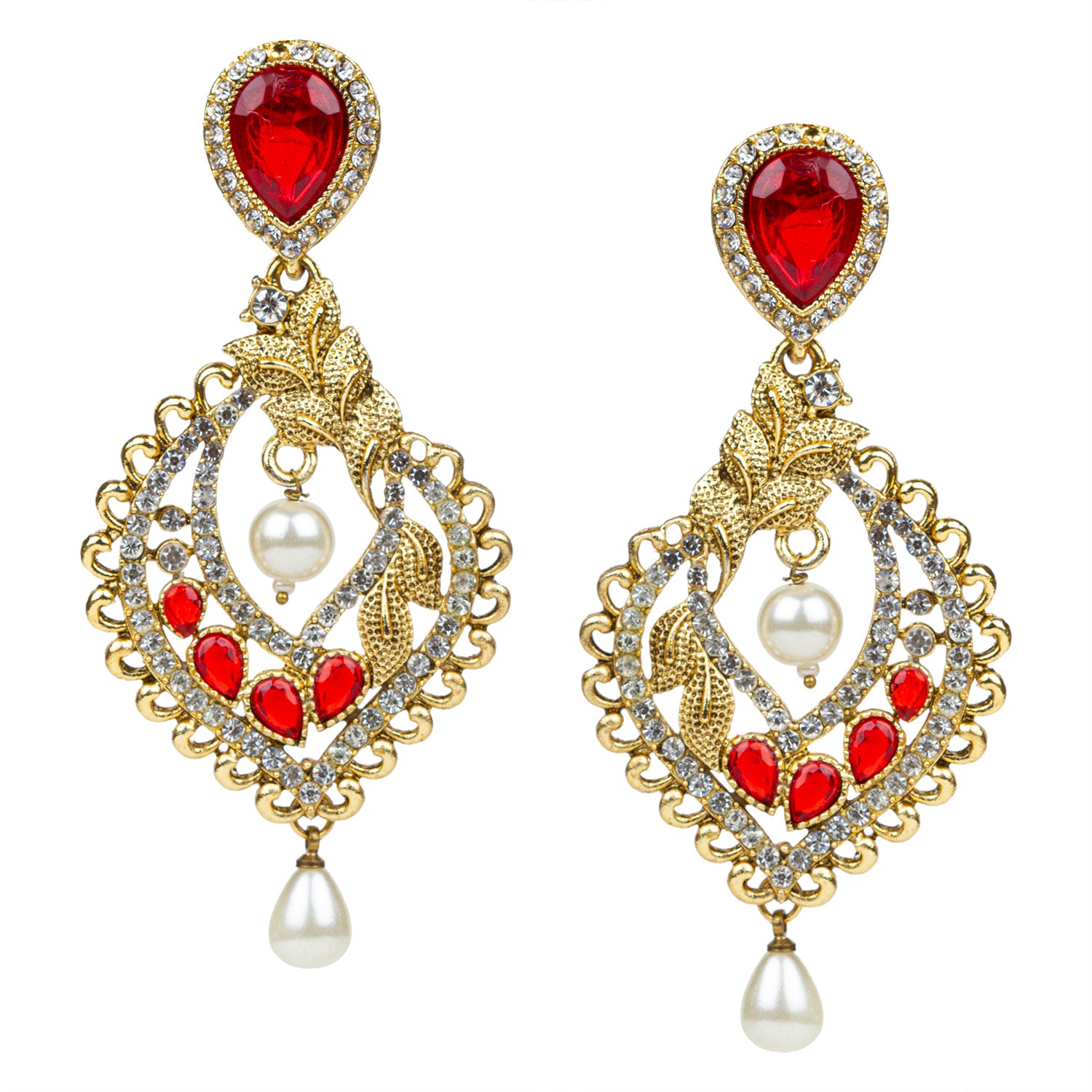 bindhani gold plated red white stone pearl drop earrings for women