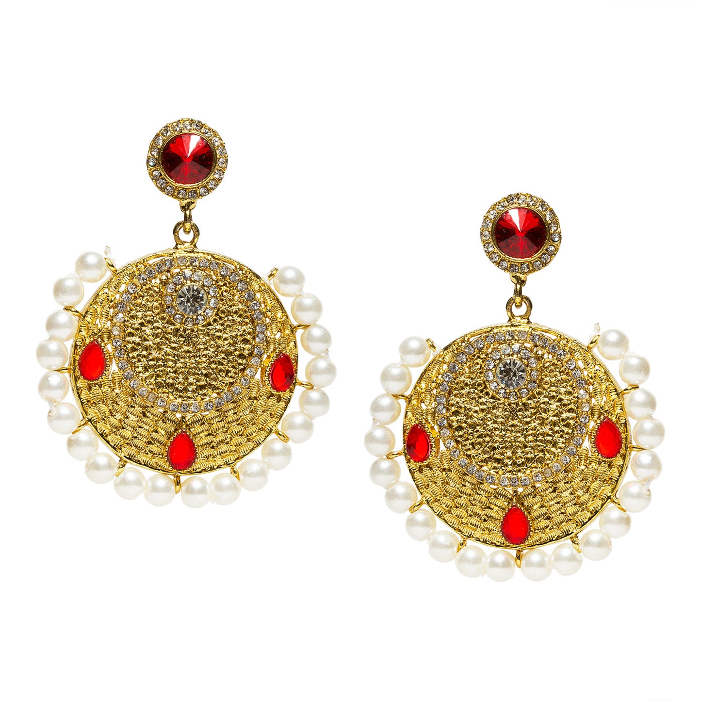 bindhani gold plated red white stone white pearls circle shaped dangle earrings for women and girls