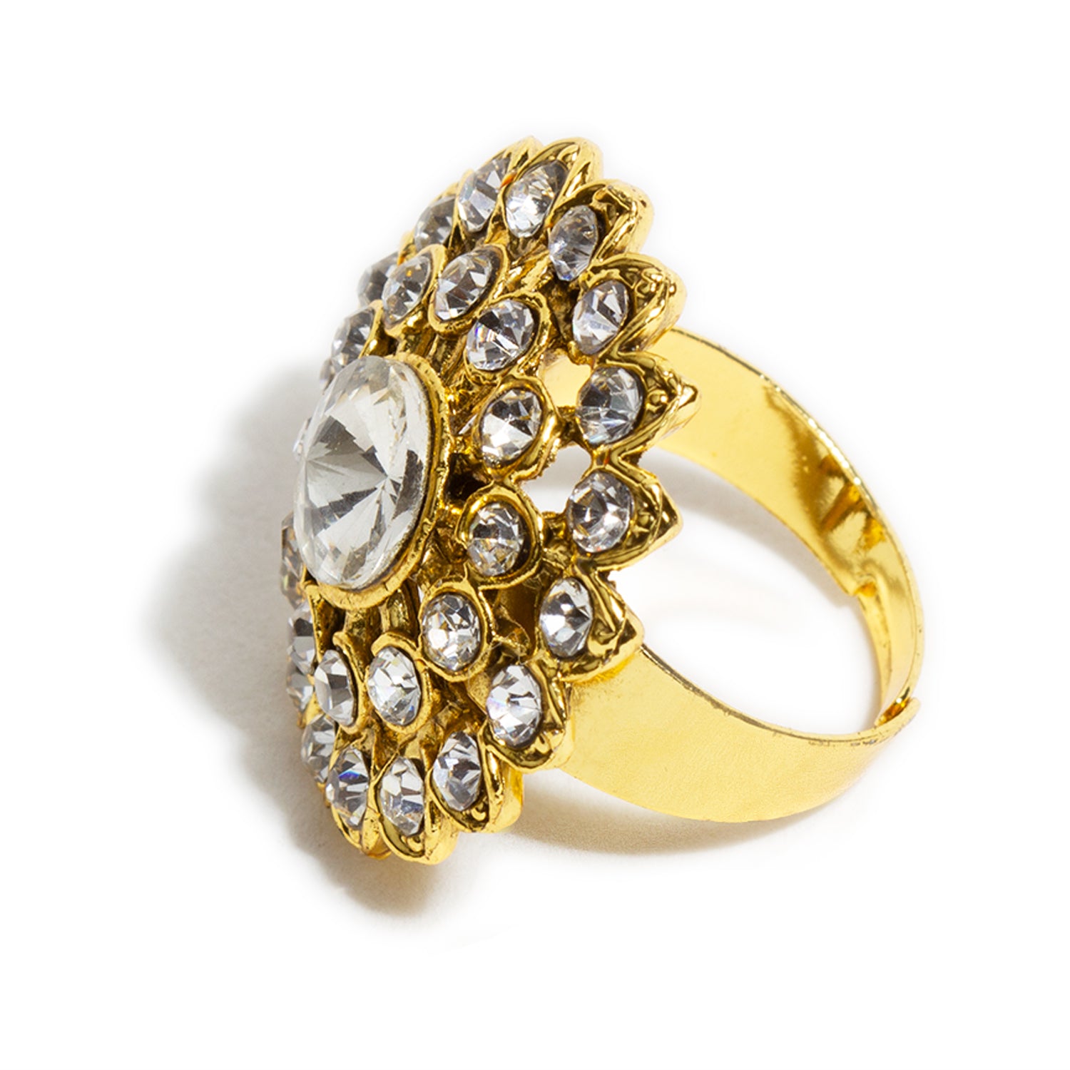 bindhani gold plated round flower shaped white stone adjustable finger ring for women and girls