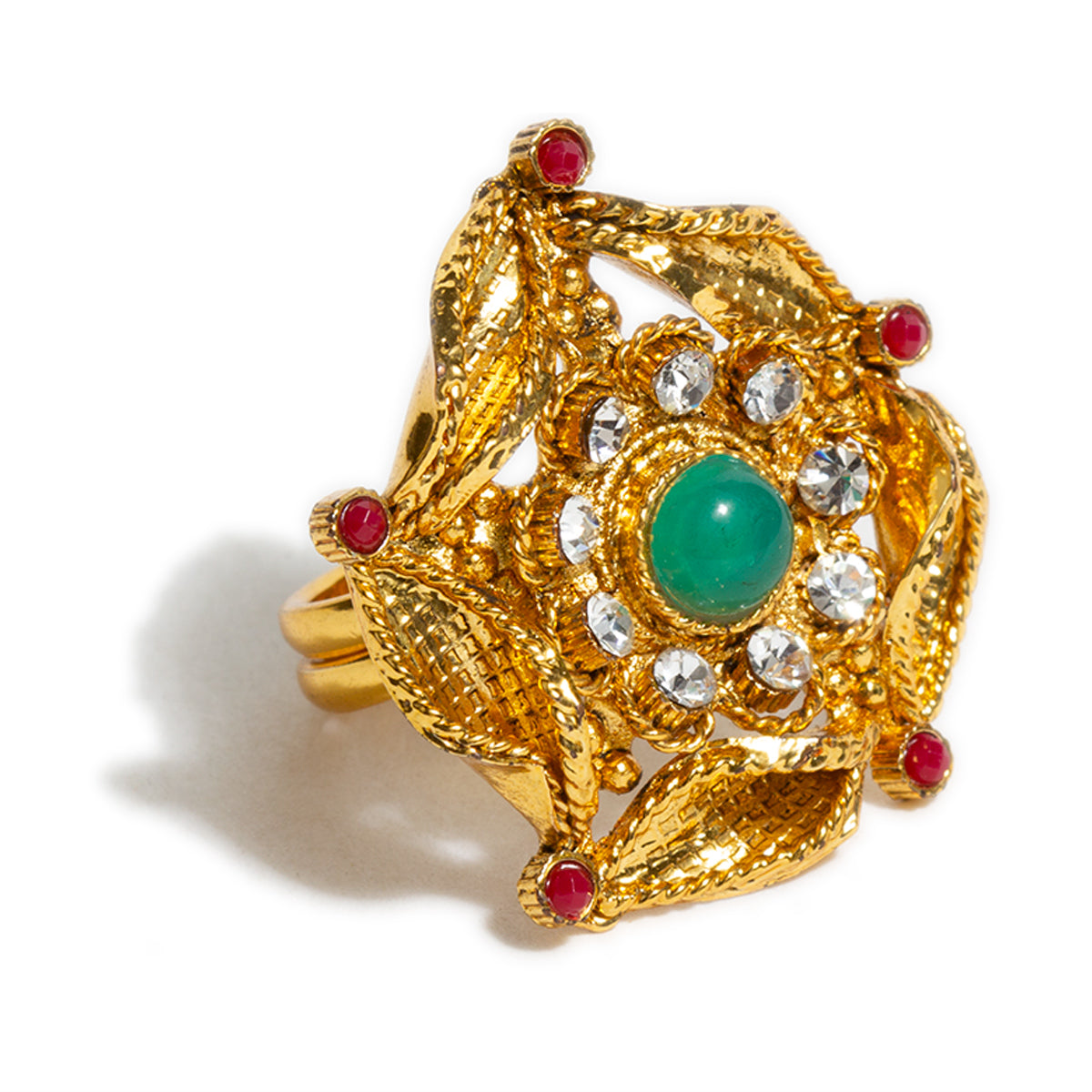 bindhani gold plated round shaped green red white stone adjustable copper finger ring for women and girls