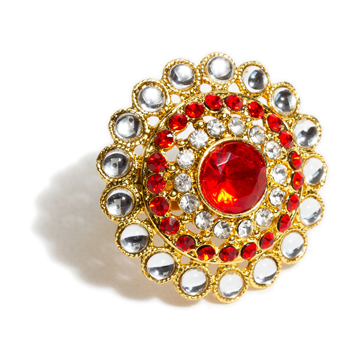 bindhani gold plated round shaped red white stone adjustable finger ring for women and girls