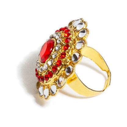 bindhani gold plated round shaped red white stone adjustable finger ring for women and girls