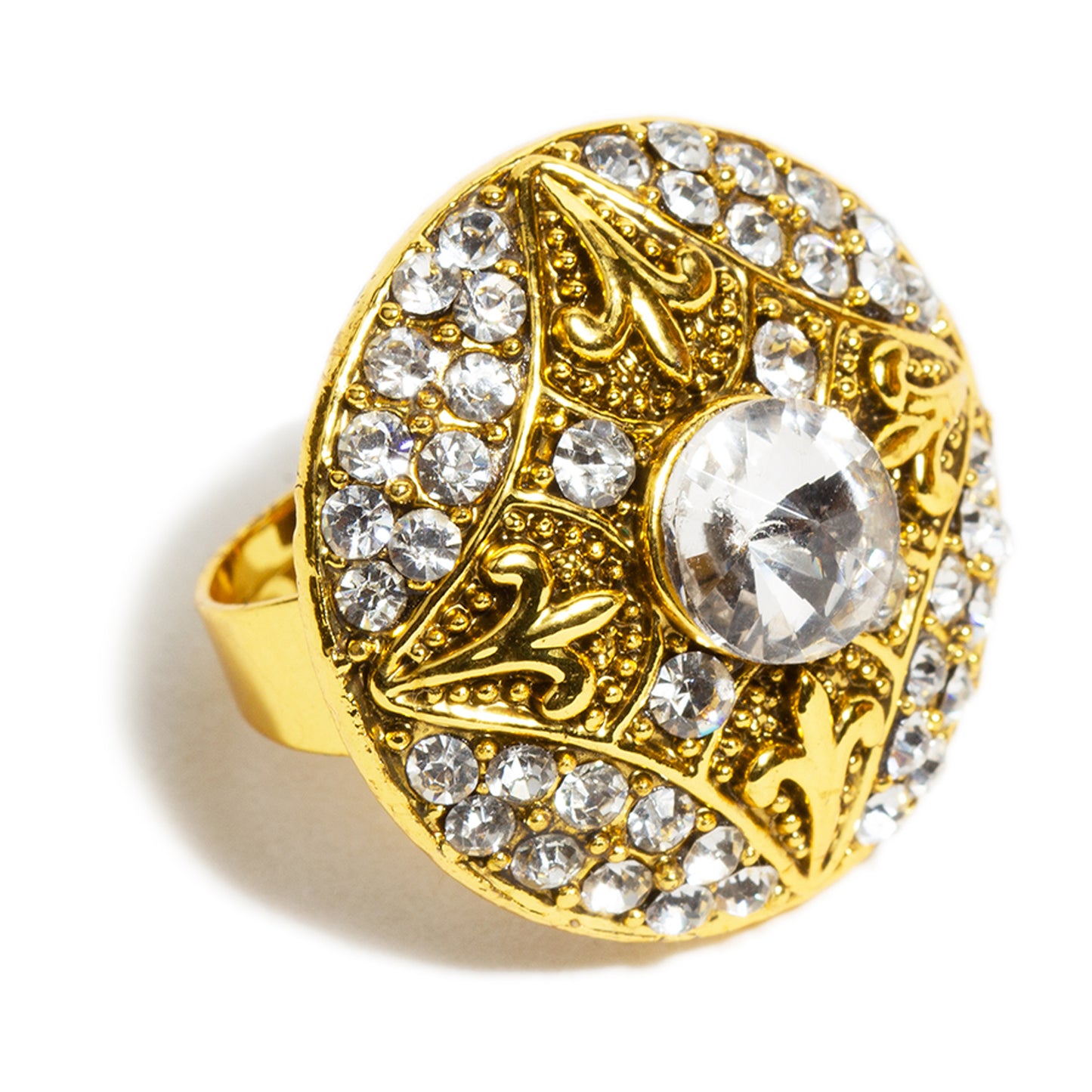 bindhani gold plated round shaped white stone adjustable finger ring for women and girls