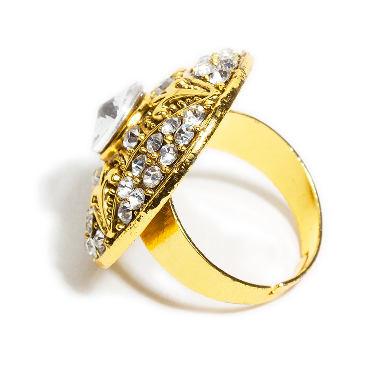 bindhani gold plated round shaped white stone adjustable finger ring for women and girls