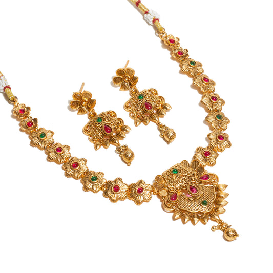 bindhani-gold-plated-ruby-pink-green-south-indian-style-necklace-earrings-for-women