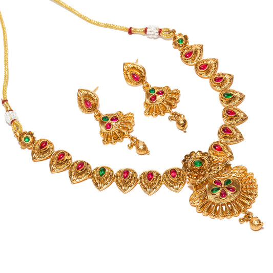 bindhani-gold-plated-ruby-pink-green-south-indian-style-necklace-earrings-set-for-women-girls