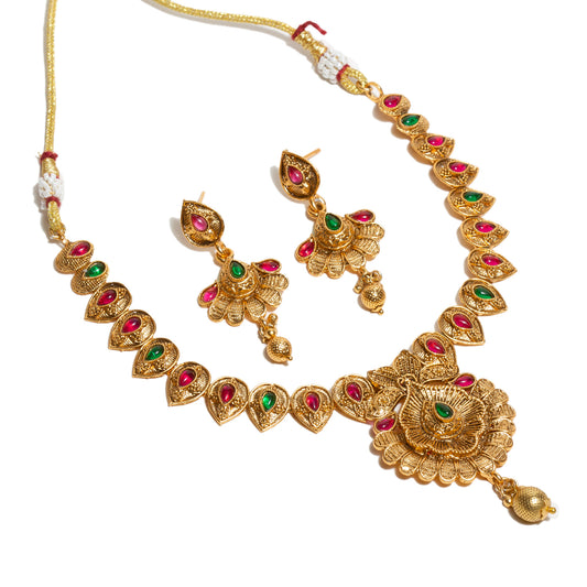 bindhani-gold-plated-ruby-pink-green-south-indian-style-necklace-earrings-set-for-women