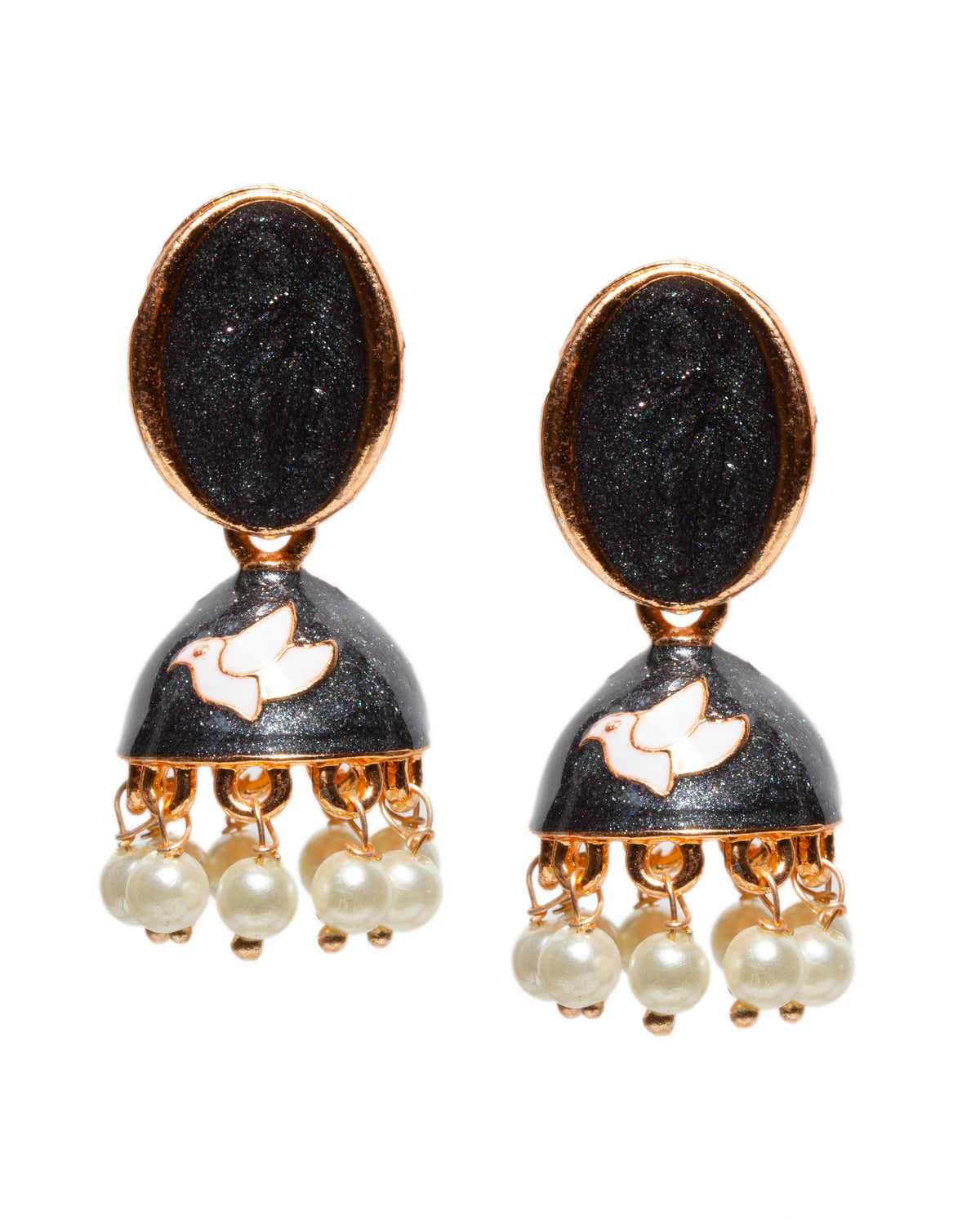 Bindhani gold-plated meenakari jhumka earrings with oval shaped black enamel stud tops, dome-shaped drops featuring white twity bird motif enamel work, and dangling white pearl beads in traditional ethnic design.