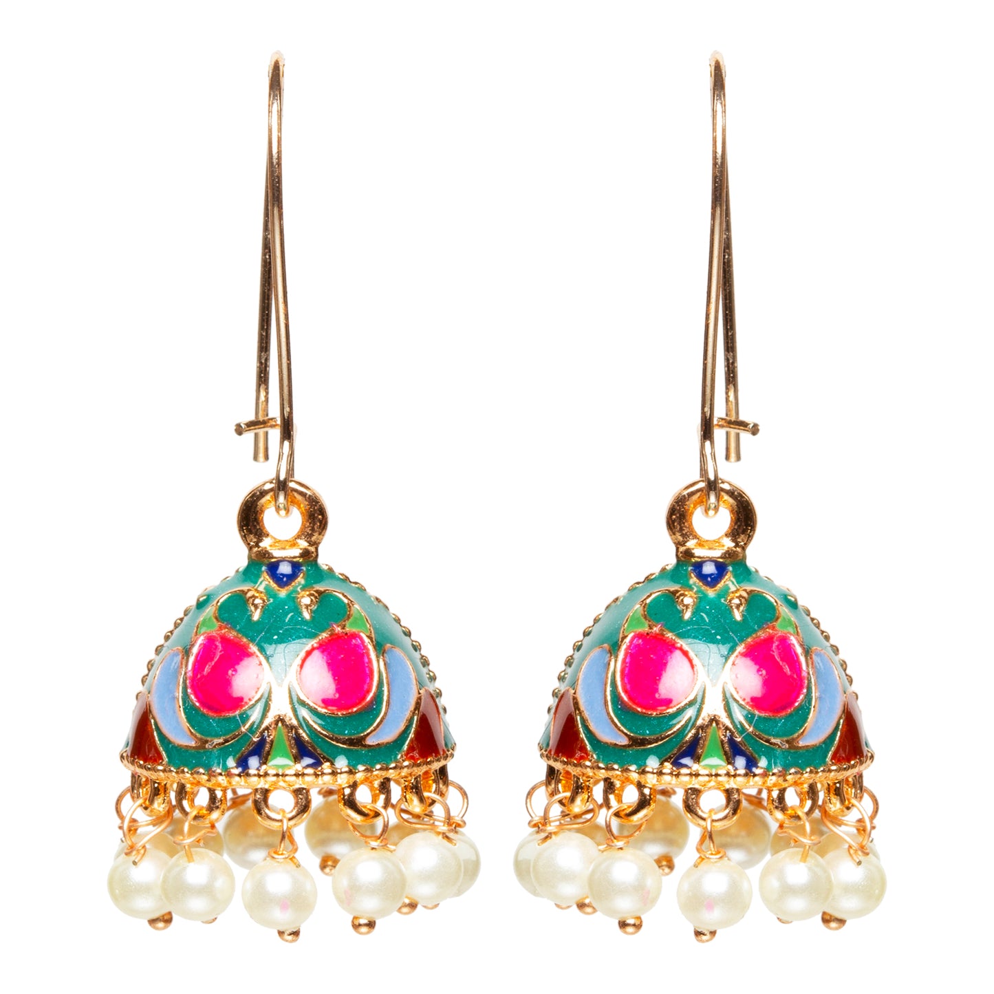 bindhani gold plated small green multi color meenakari pearl drop  jhumki earrings women girls