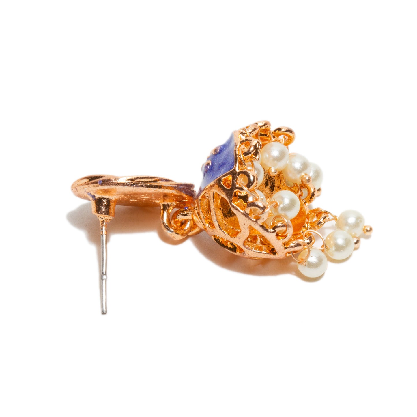 back view Bindhani rose gold-tone jhumka earrings featuring oval stud tops with blue meenakari enamel work. The earrings have dome-shaped pearl drops adorned with embossed motifs and dangling white pearl beads, reticulated mesh creating a graceful traditional light weight ethnic look.