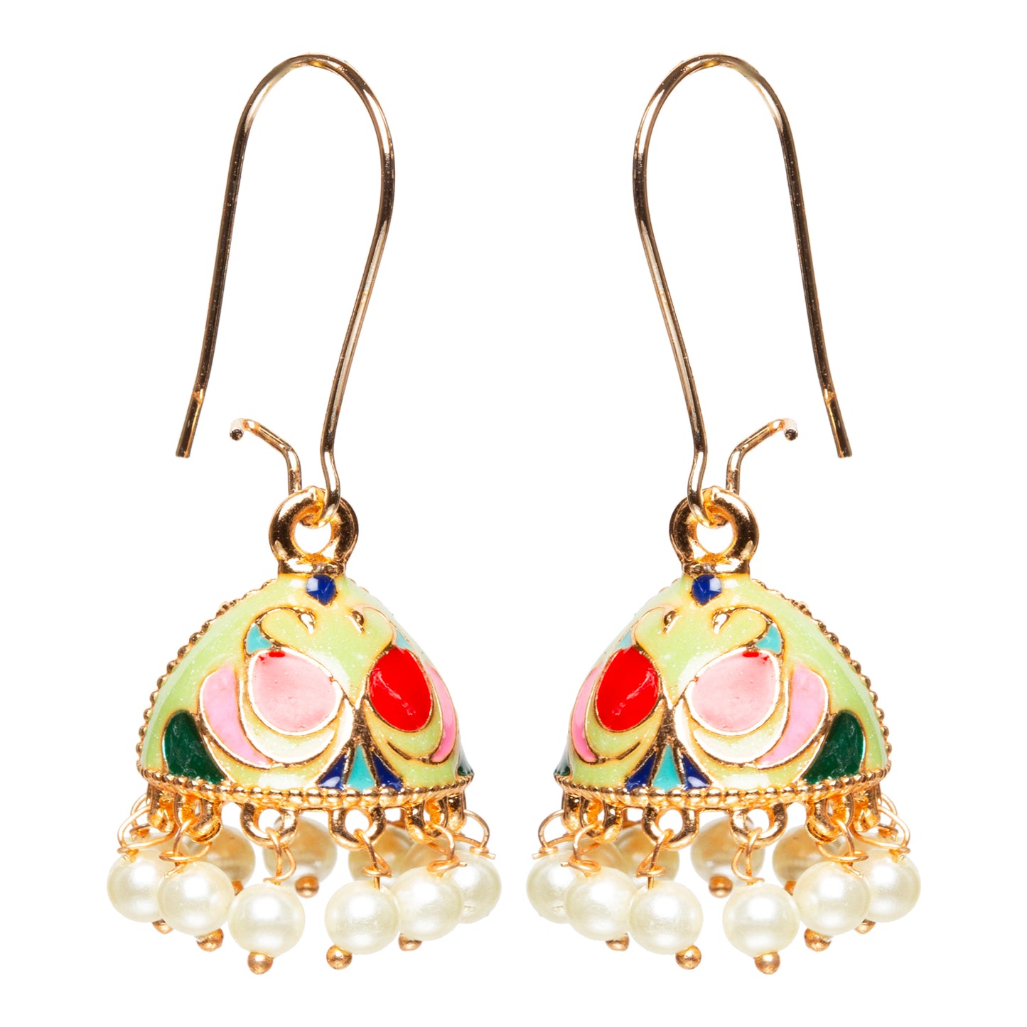 bindhani gold plated small pista green multi color meenakari pearl drop  jhumki earrings women girls