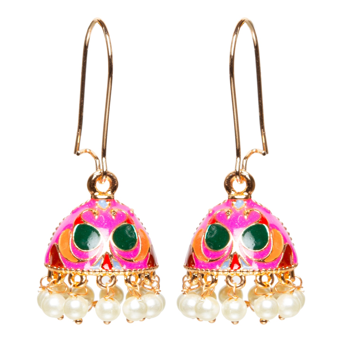 bindhani gold plated small rani pink multi color meenakari pearl drop  jhumki earrings women girls