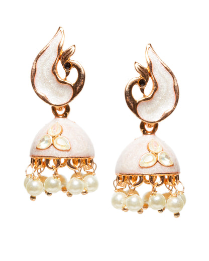 A pair of elegant rose gold-tone jhumka earrings featuring a modern peacock-inspired design with white meenakari enamel work. The earrings showcase peacock-shaped stud tops, dome-shaped drops with embossed triple stone and dangling white pearl beads for a graceful traditional look.