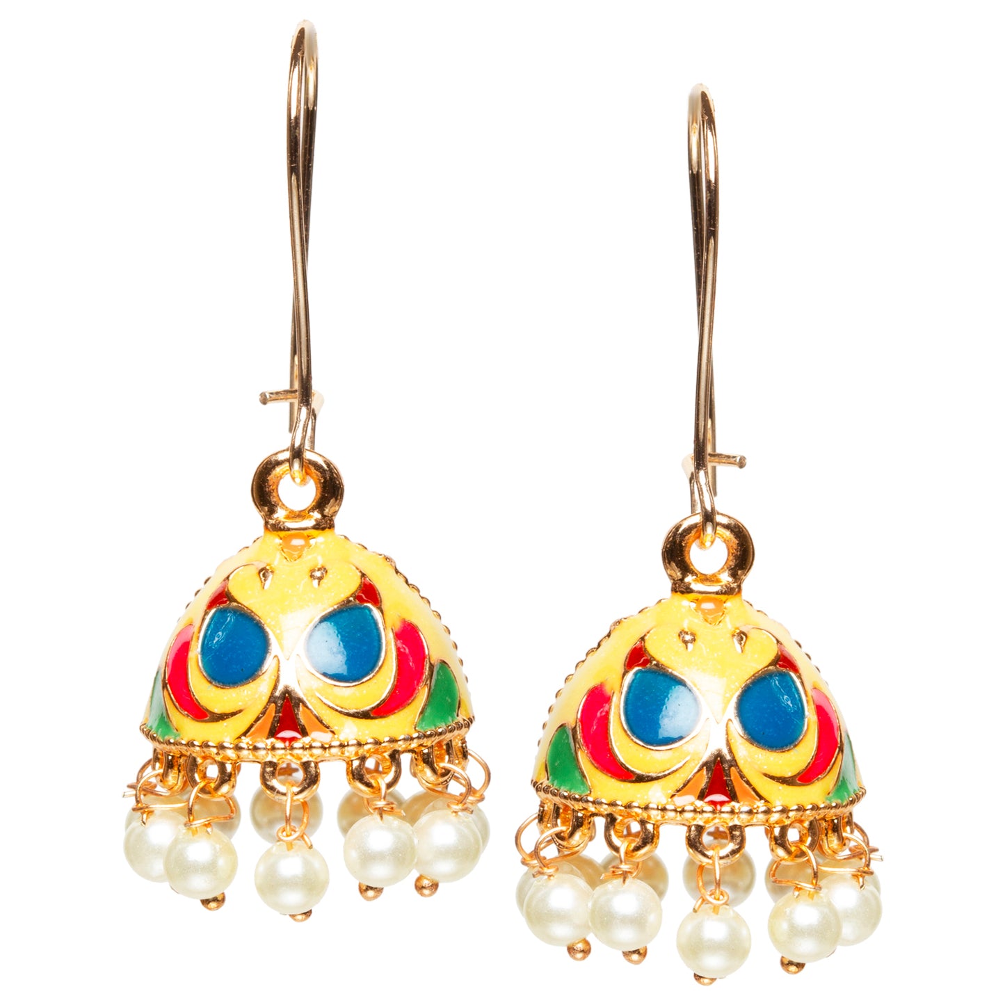 bindhani gold plated small yellow multi color meenakari pearl drop  jhumki earrings women girls