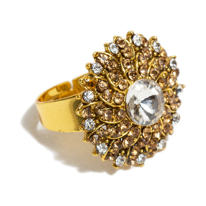 bindhani gold plated sun flower shaped golden white stone adjustable finger ring for women and girls