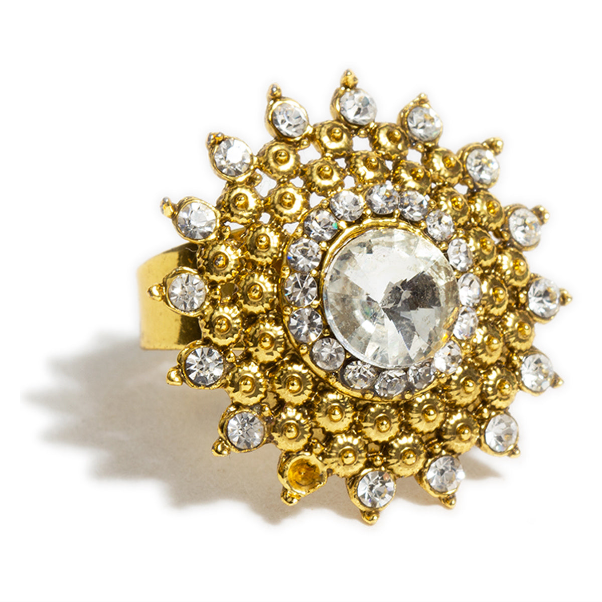 bindhani gold plated sun flower shaped white stone adjustable finger ring for women and girls