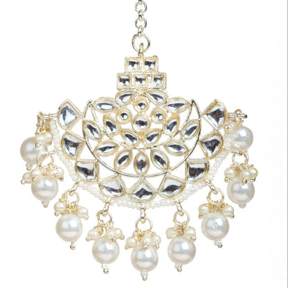 bindhani gold plated traditionalkundan white pearl drop maang tikka for women and girls