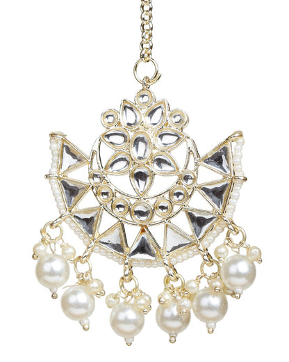 bindhani gold plated traditional kundan white pearl drop maang tikka for women and girls