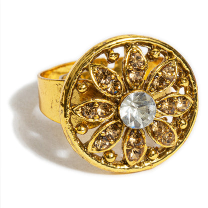 bindhani gold plated traditional ring round flower golden white stone adjustable small finger ring for women and girls