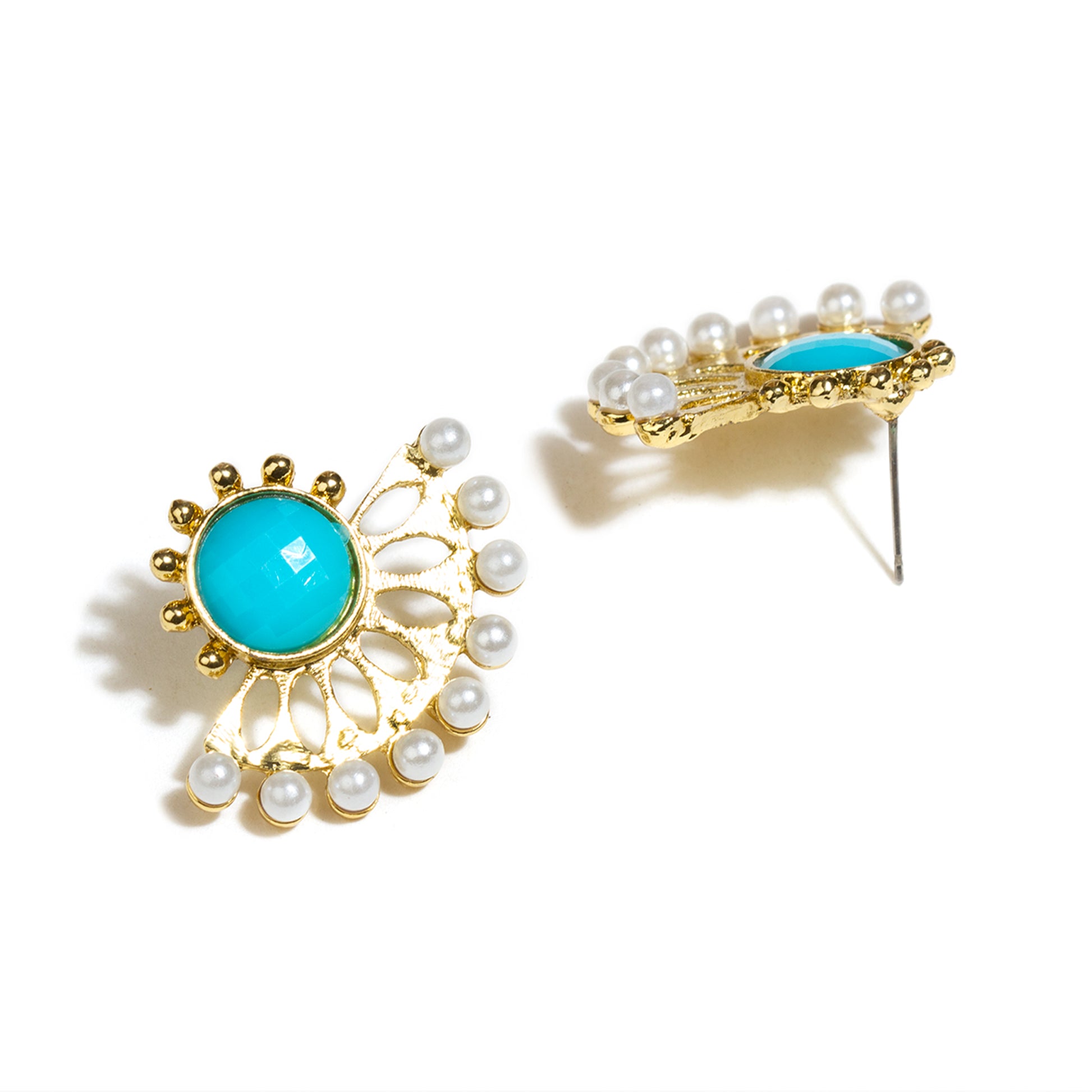 bindhani gold plated white beads & turquoise blue earrings for women