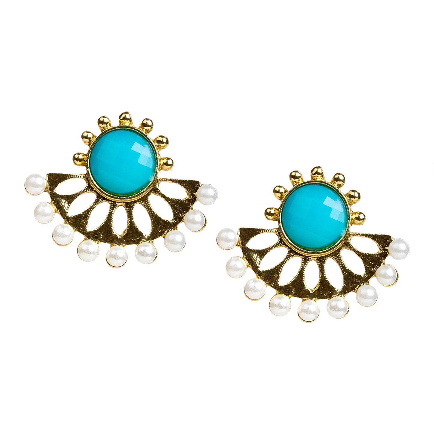 bindhani gold plated white beads & turquoise blue earrings for women