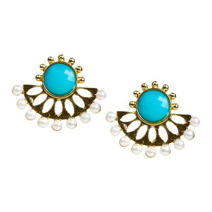 bindhani gold plated white beads & turquoise blue earrings for women