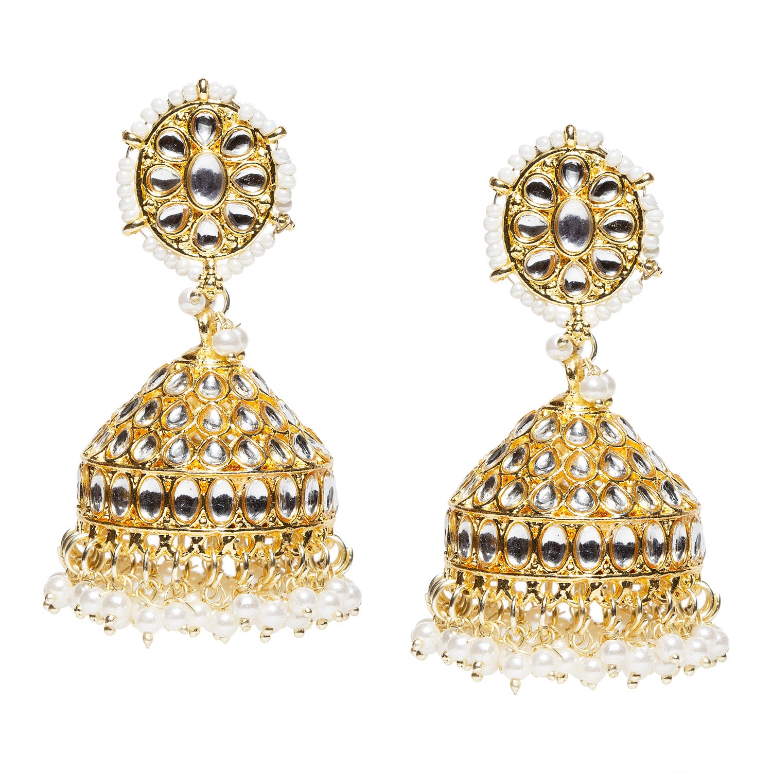 bindhani gold plated white beads big kundan jhumka earrings for women and girls