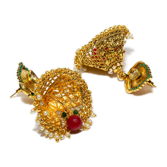 bindhani gold plated white beads big kundan jhumka earrings for women