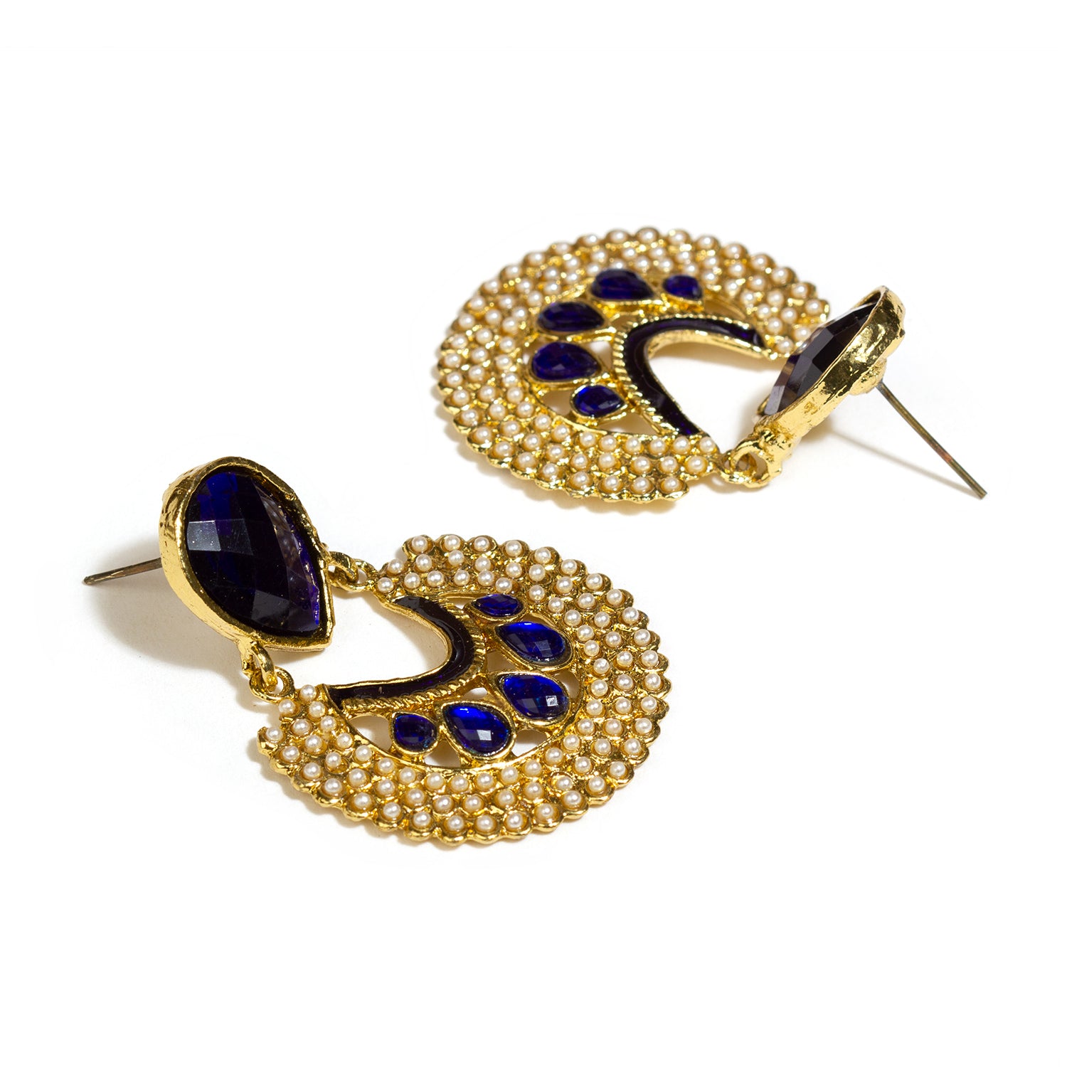 bindhani gold plated white beads blue stone meenakari earrings for women