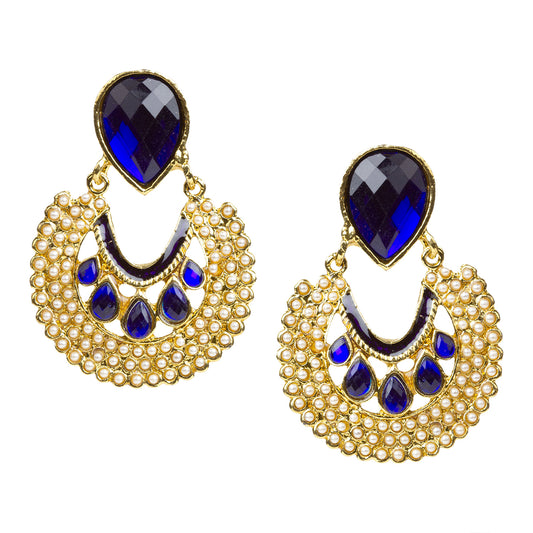 bindhani gold plated white beads blue stone meenakari earrings for women