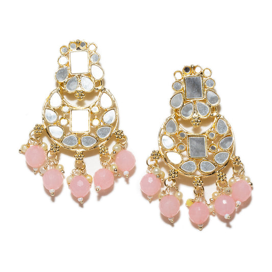 bindhani gold plated white beads pink drops mirror stone dangle drop earring for women girls