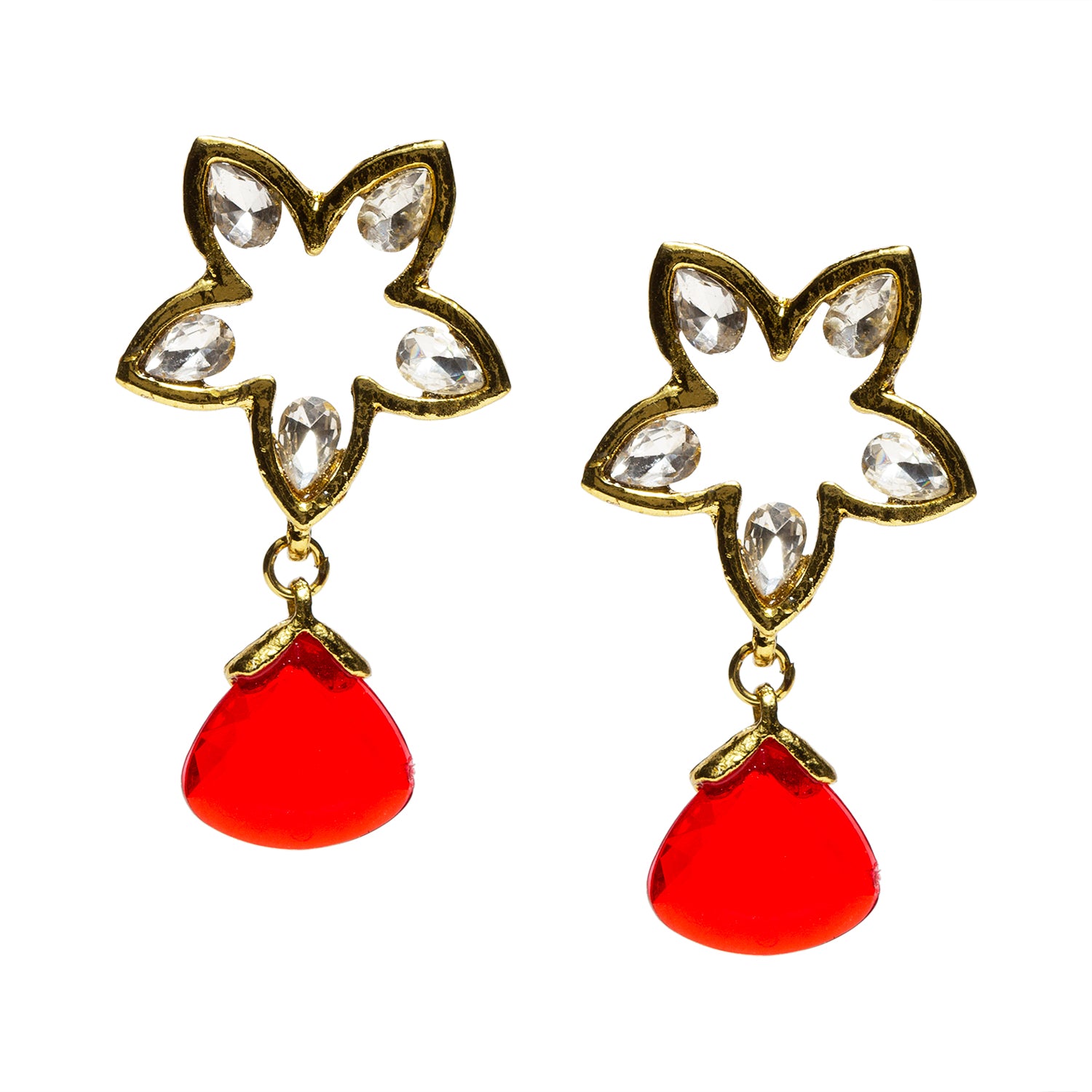 bindhani gold plated white crystal and red drop stone small flower shaped earrings for women and girls