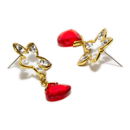 bindhani gold plated white crystal and red drop stone small flower shaped earrings for women