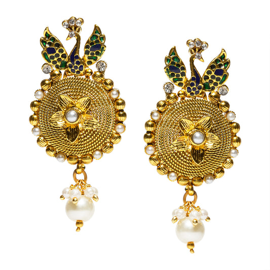 bindhani gold plated white drop enamel work white stone peacock earrings for women and girls