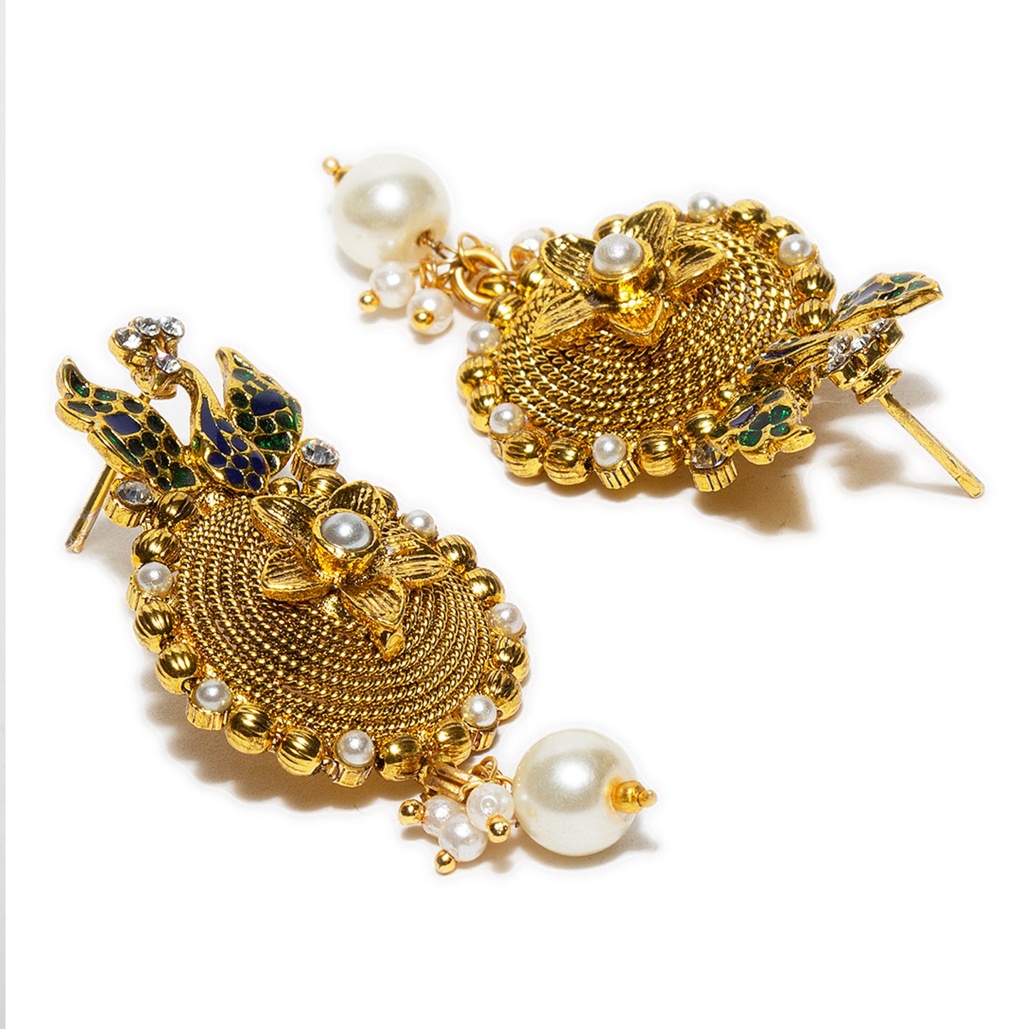 bindhani gold plated white drop enamel work white stone peacock earrings for women and girls