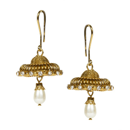 bindhani gold plated white drop white stone fish hook jhumka earrings for women and girls